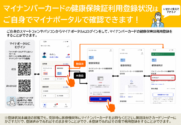 ご自身のスマートフォンやパソコンからマイナポータルにログインをして、マイナンバーカードの健康保険証利用登録をすることができます。
